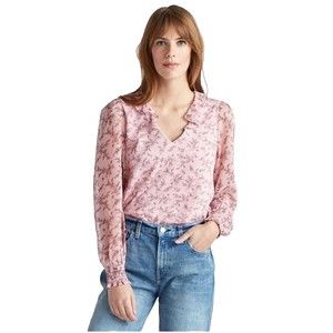 Lucky Brand pink floral Peasant Boho Mixed media V neck  ruffle blouse top SZ L